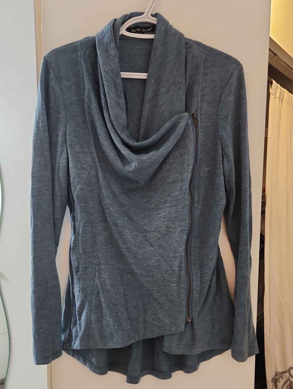 Sweet Rain Slate Blue Draped Zip-Front Cowl Sweater